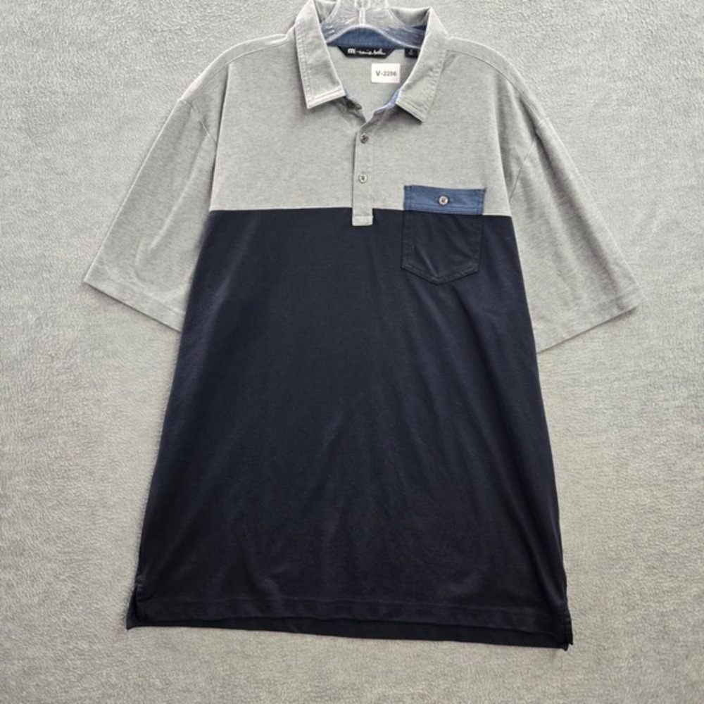 Travis Mathew Men Polo Shirt XL Blue Colorblock Pocket Short Sleeve Collar